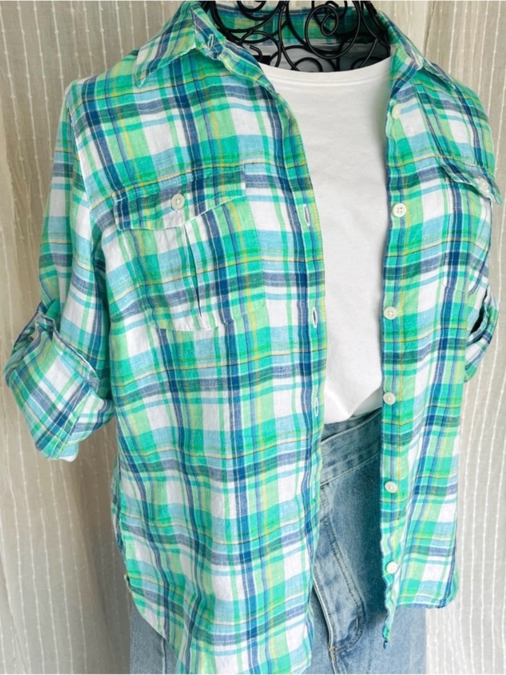 L.L. Bean 100% Linen Green Blue Plaid Button Down Shirt Size M Preppy